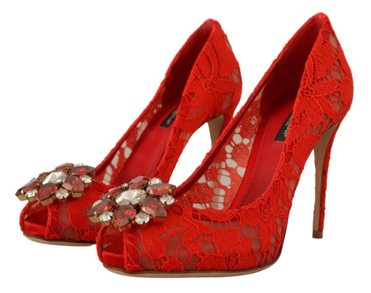 Red lace high heel shoes with embellishments on the toes