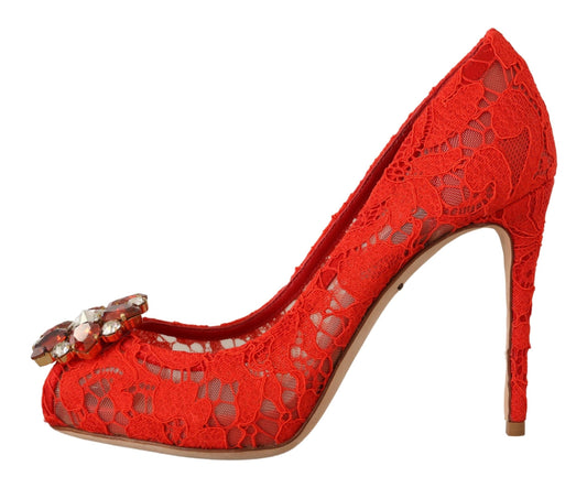Red lace high heel shoe with embellishments and a bow on top