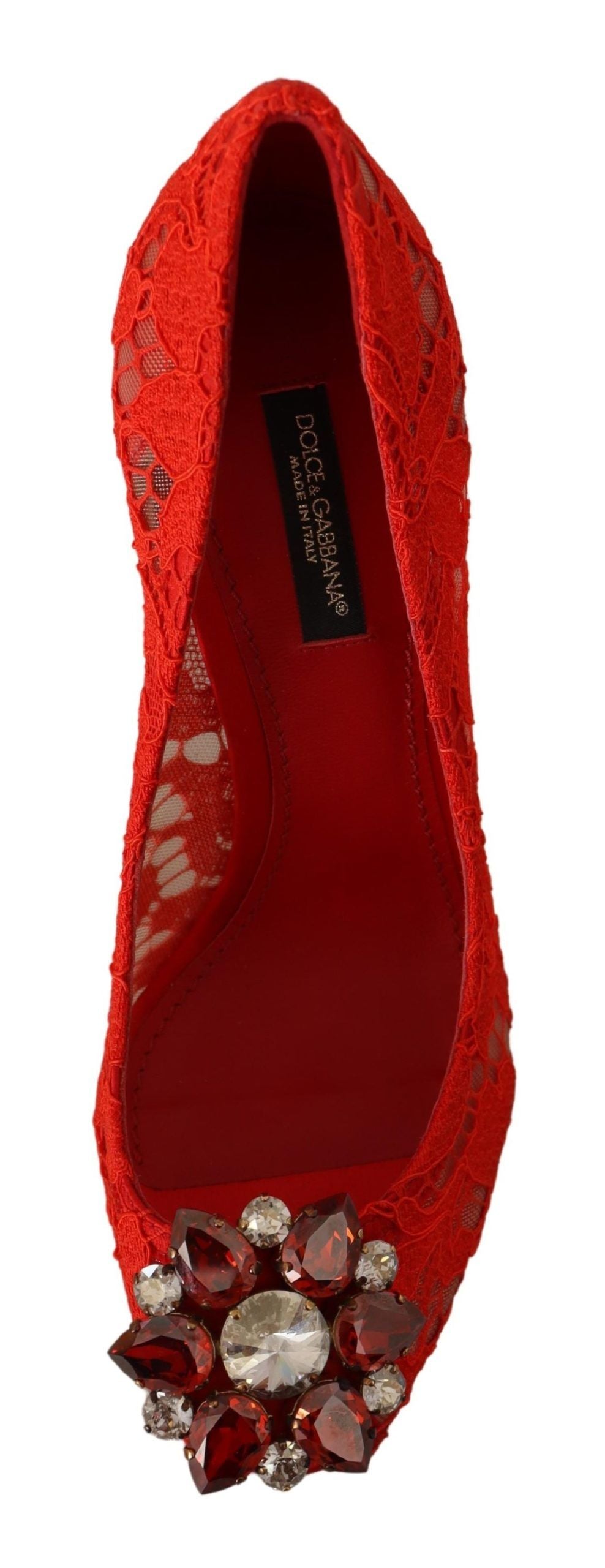 Red high heel shoe with rhinestones on toe and heel
