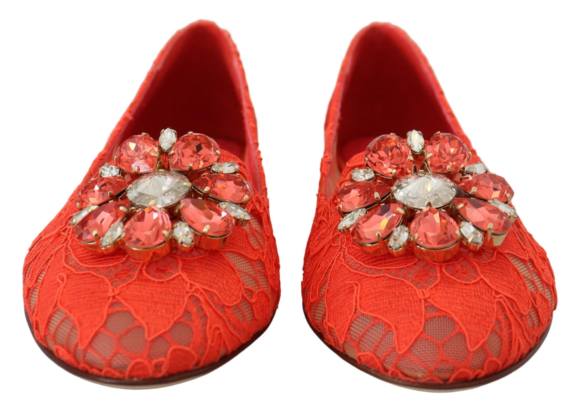 Red shoes with rhinestone embellishments on top and sides
