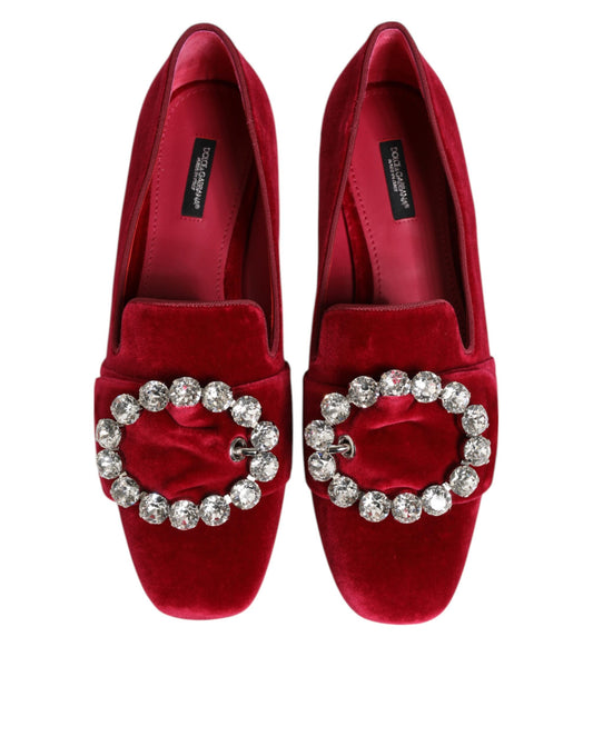 Red velvet loafers with sparkling embellishments on the straps