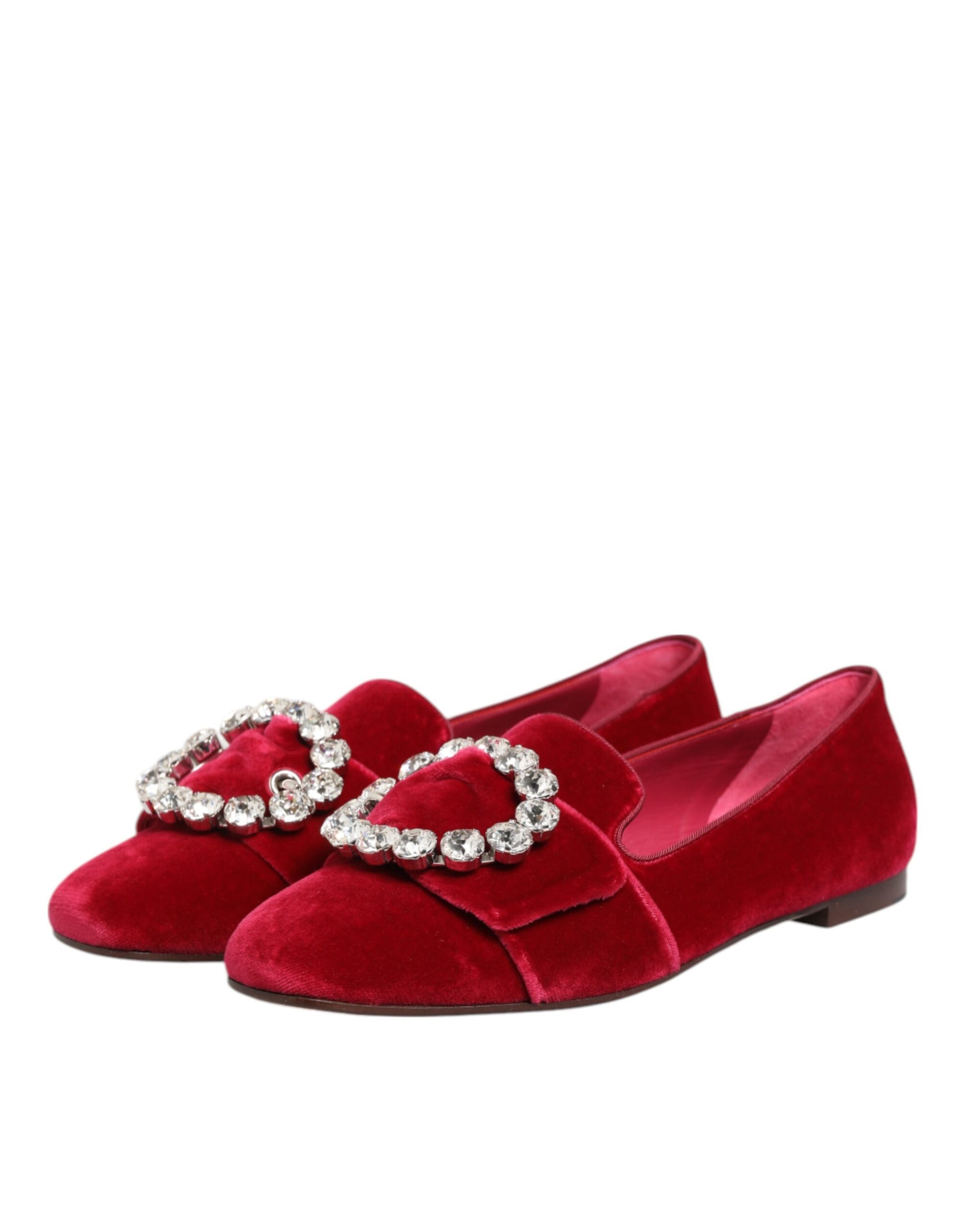 Red velvet shoes with rhinestone embellishments