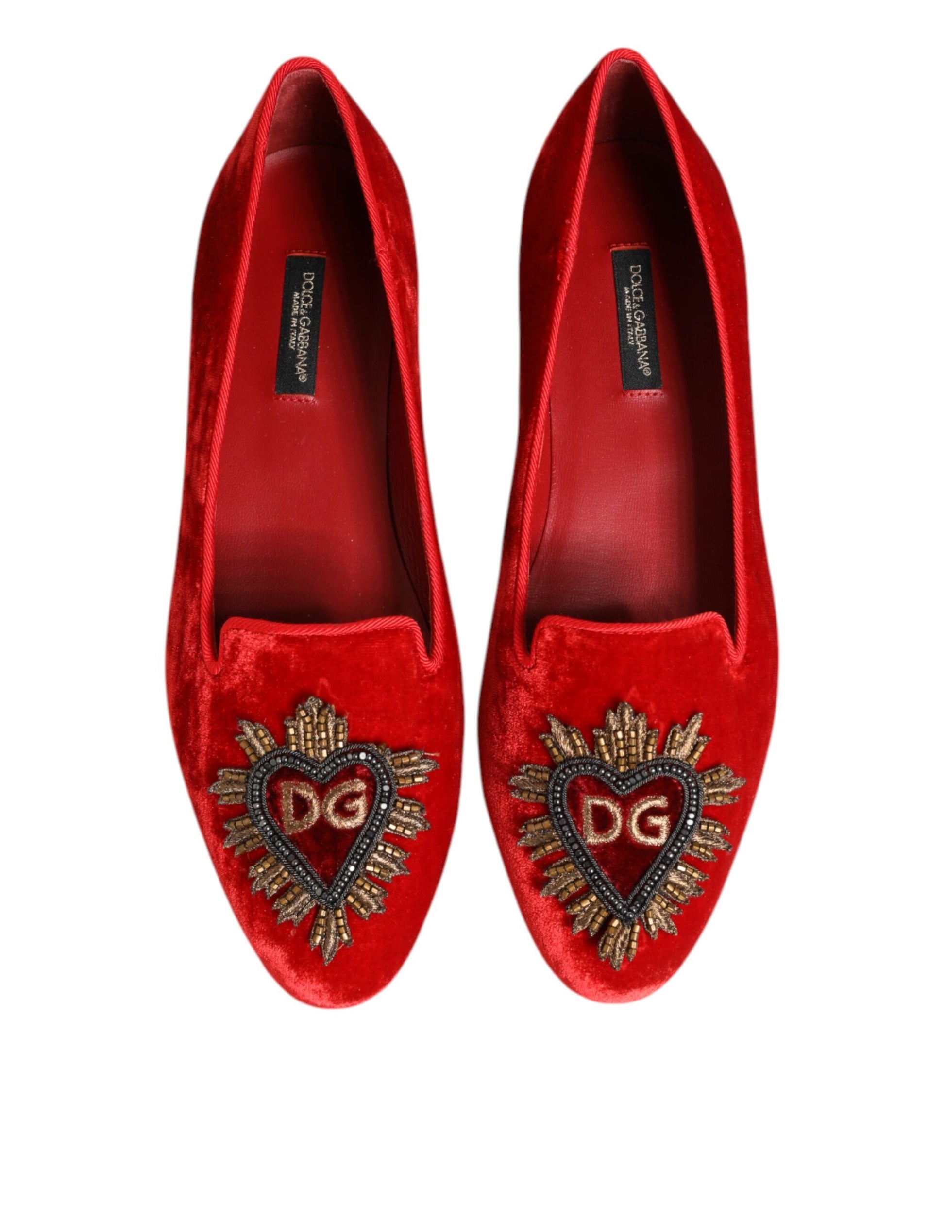 Red velvet loafers with heart embroidery on heel