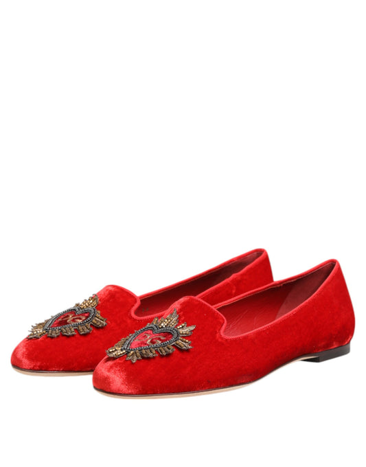 Red velvet loafers with embroidered floral design