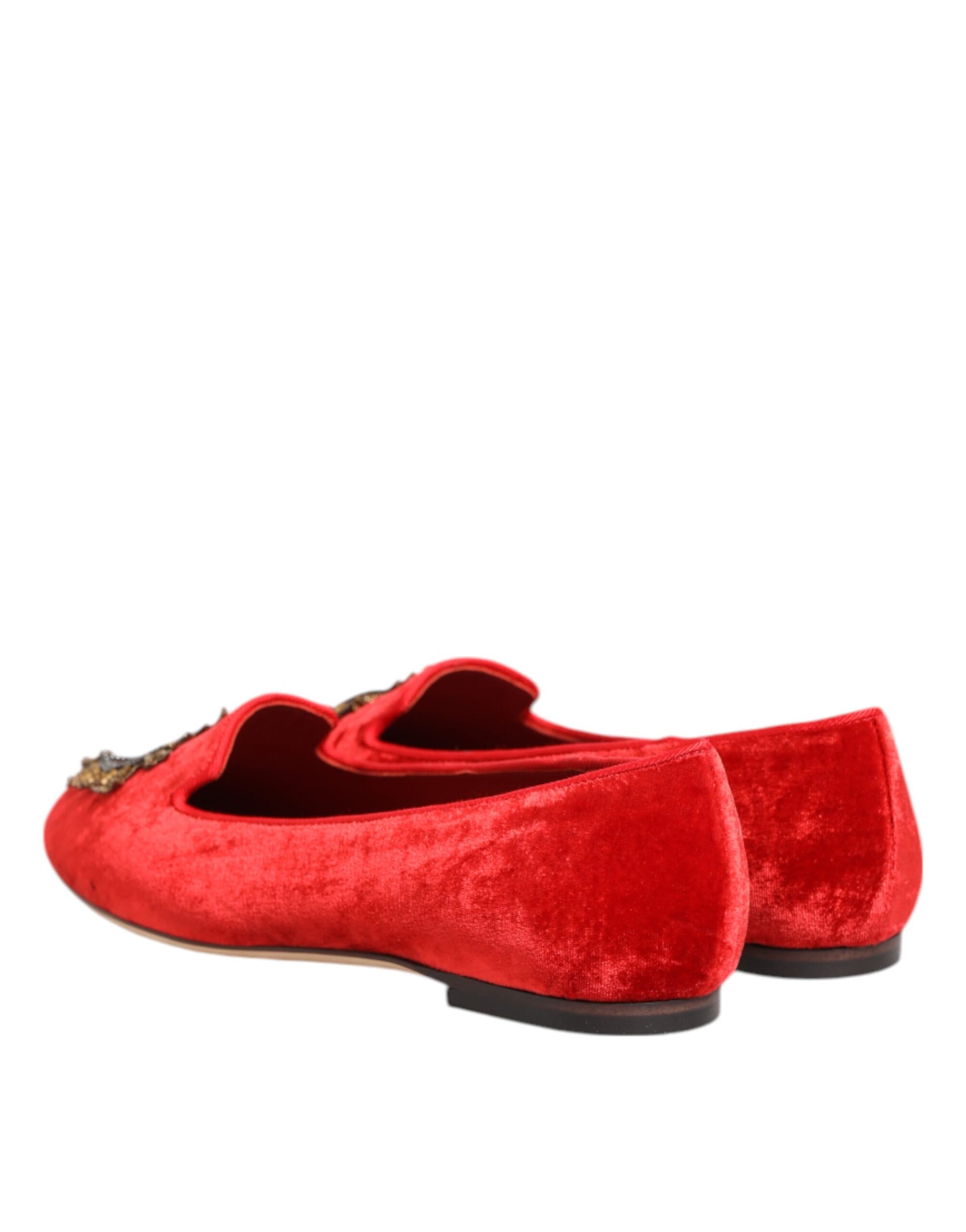 Red velvet loafers with gold buckle