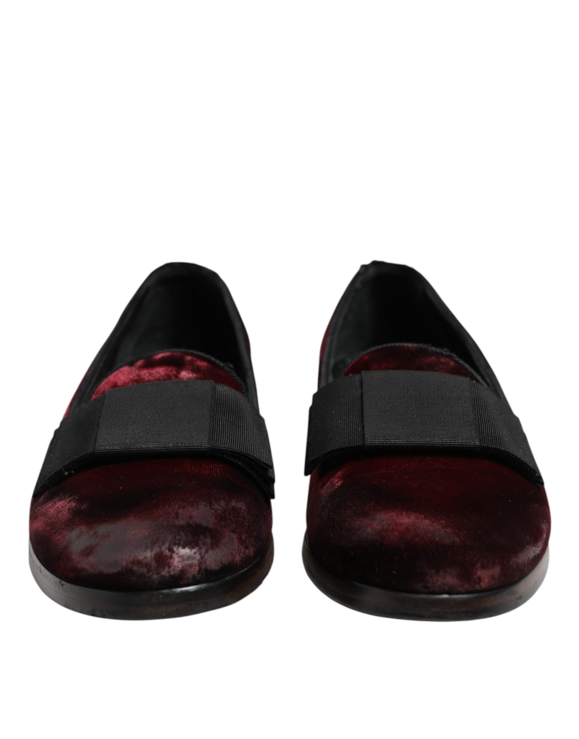 Pair of red velvet men's slip-on loafers with black straps