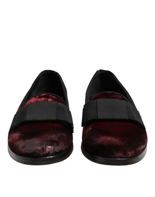 Pair of red velvet men's slip-on loafers with black straps