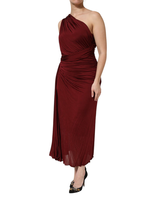 Long red strapless dress with ruffles on hem