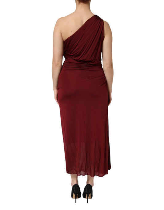 Red strapless dress with ruffled hem
