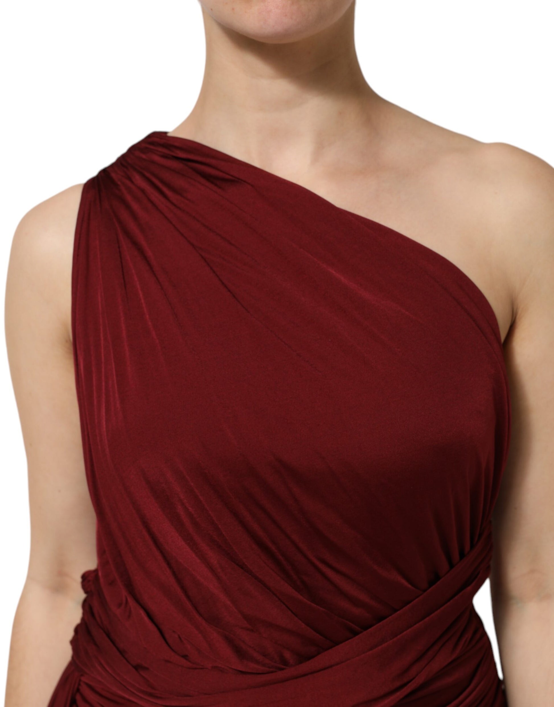 Red strapless dress on a woman
