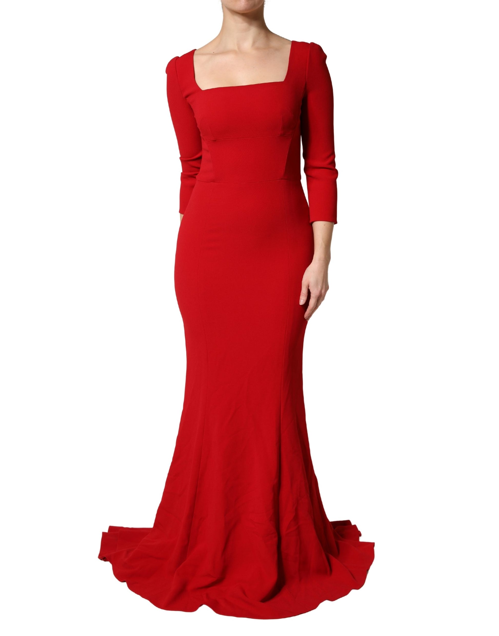 A red mermaid dress with long sleeves and a sheer bodice