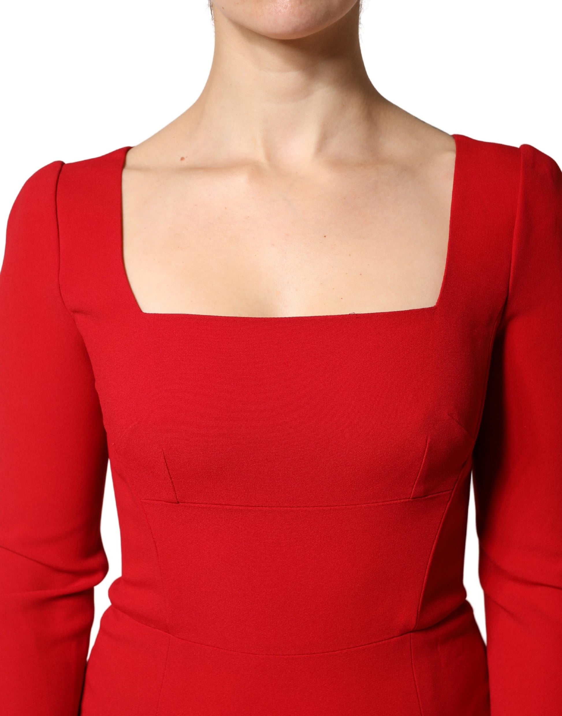 A red viscose sheath bodycon mermaid dress with a high neckline