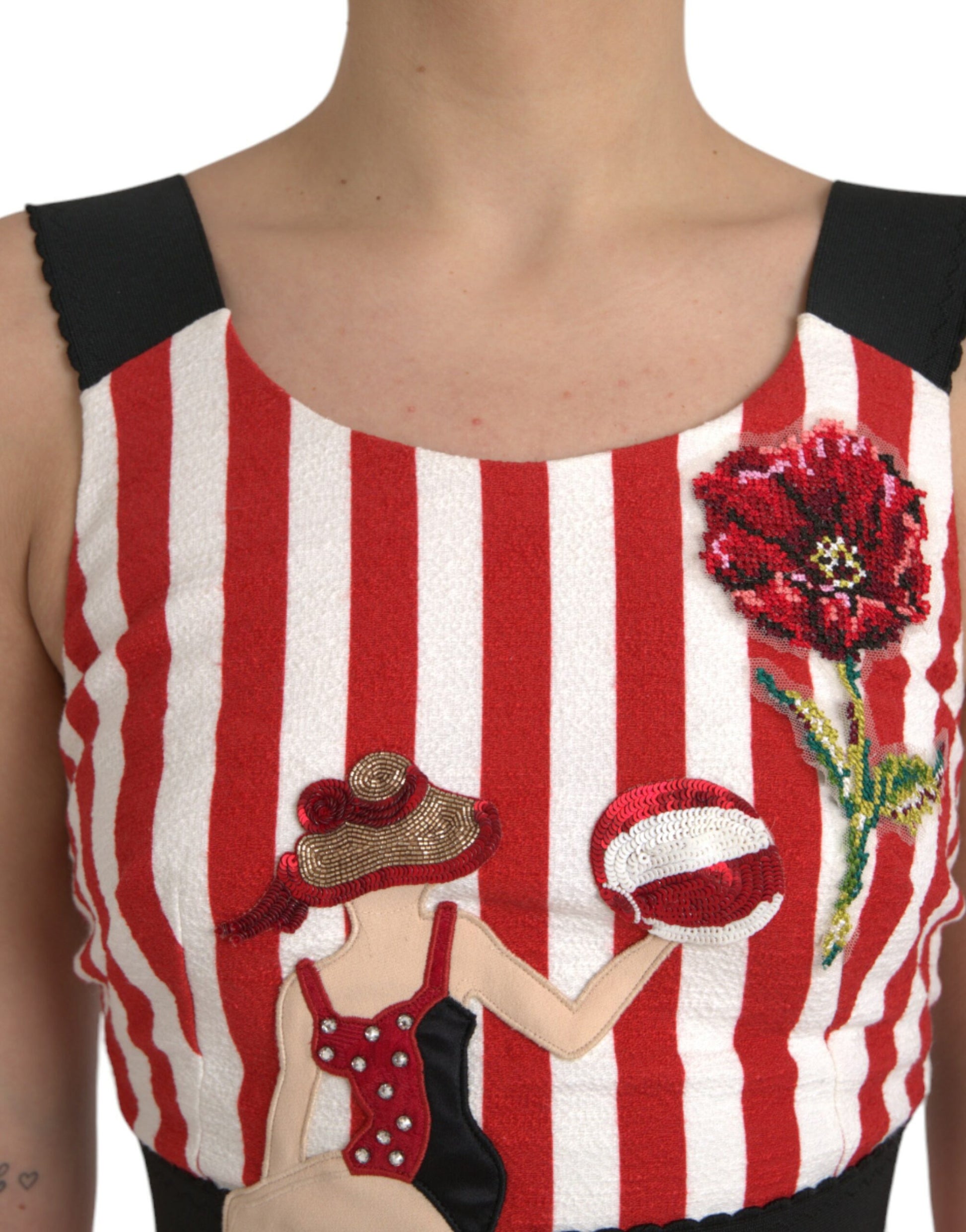 A red and white floral sleeveless midi dress with a fish embroidery