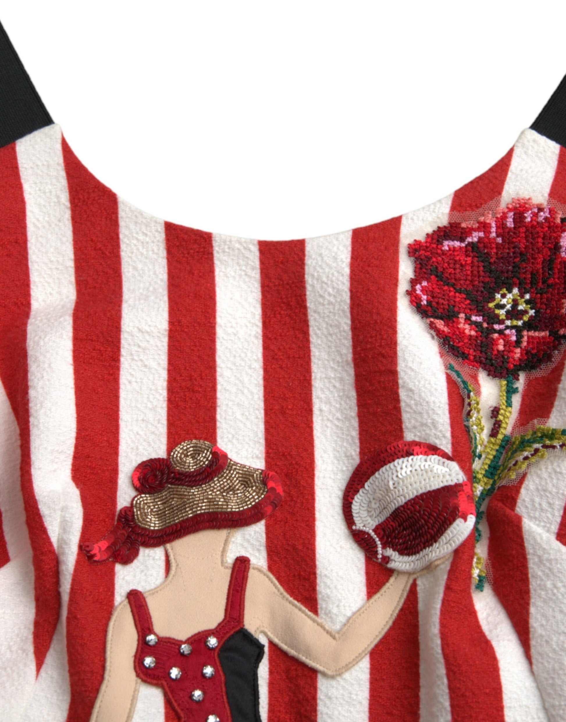 A red and white floral sleeveless midi dress with embroidered flowers