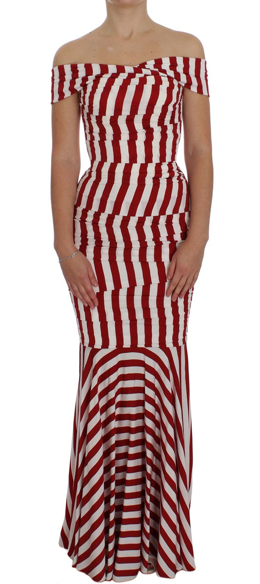 Red and white striped dress with off-the-shoulder design