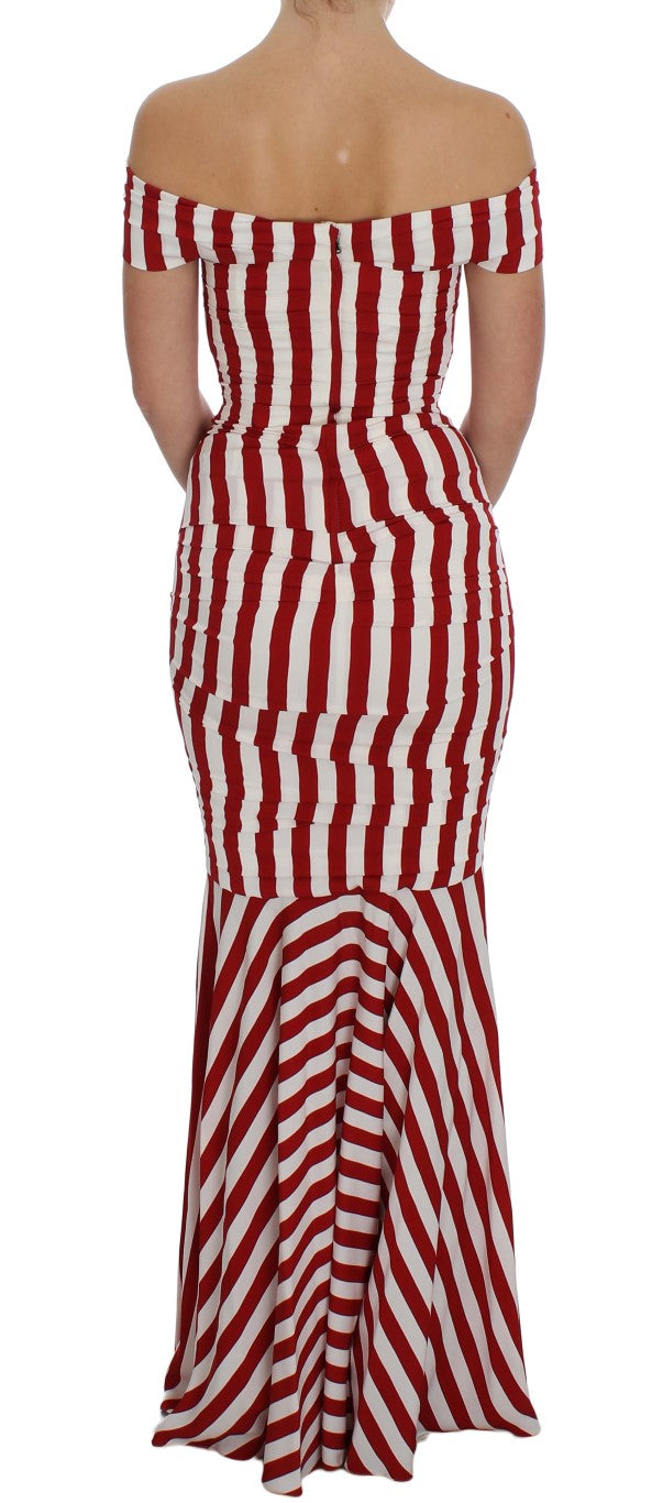 Red and white striped dress with off-the-shoulder design