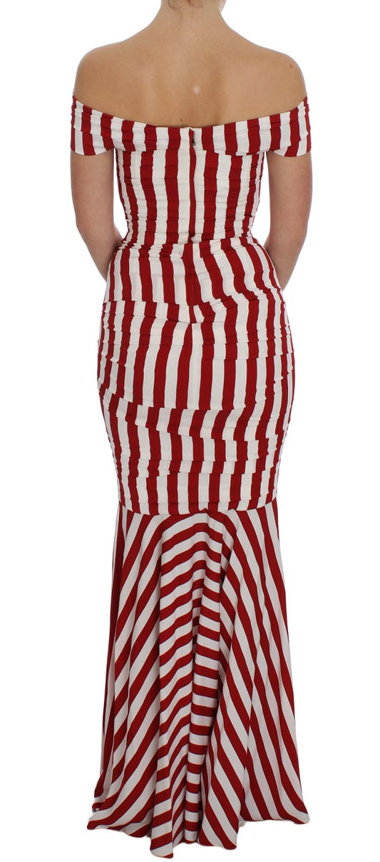 Red and white striped dress with off-the-shoulder design