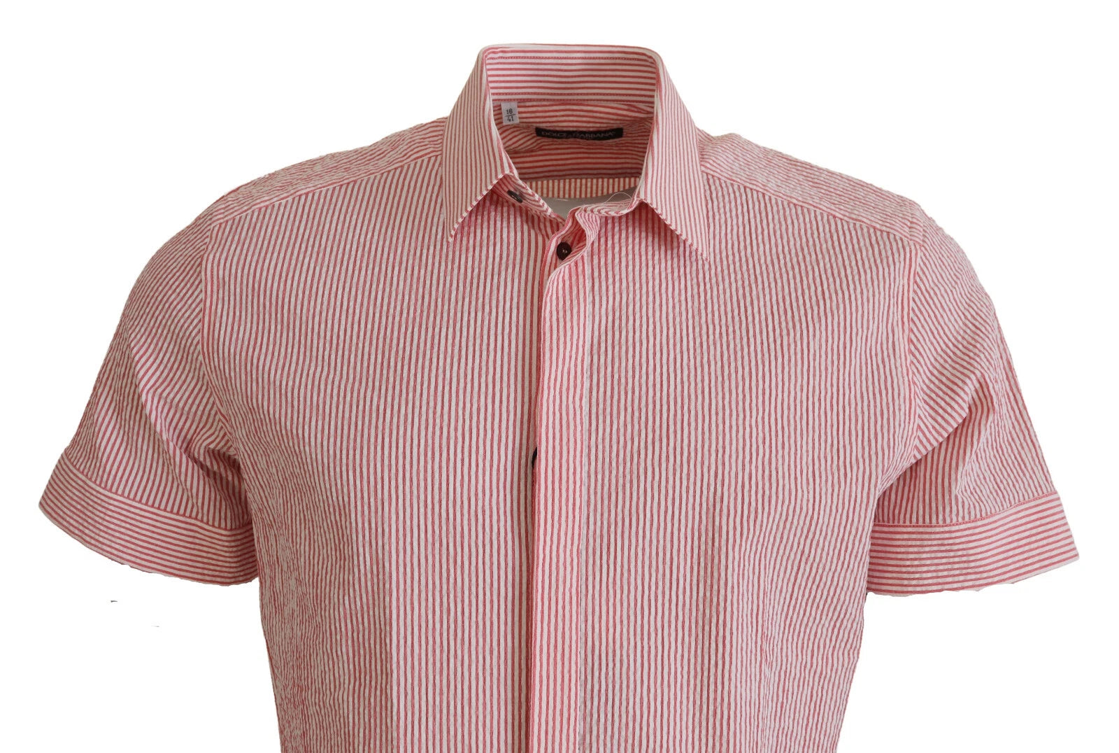 Red striped button down shirt on hanger