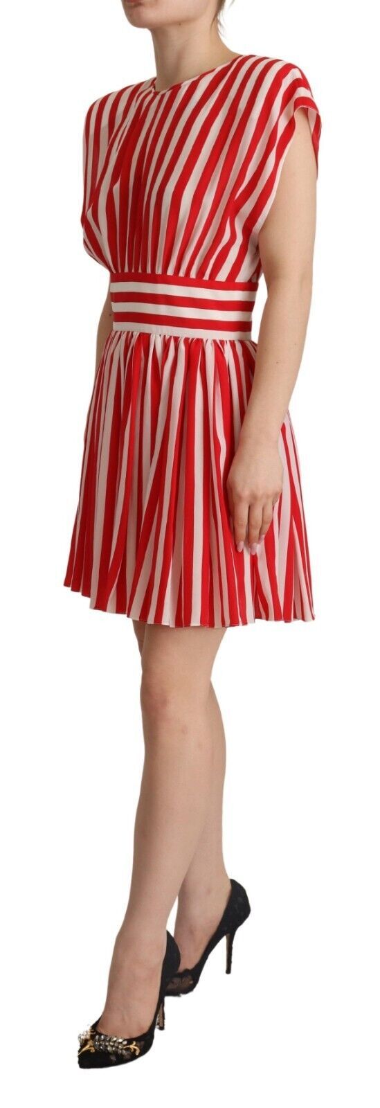 A red and white striped mini dress with an A-line silhouette. It features a belted waist and is made of silk
