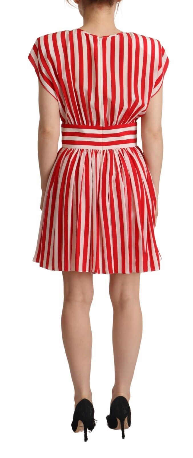 A red and white striped mini dress with an A-line silhouette