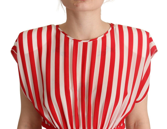 A red and white striped silk mini dress with short sleeves