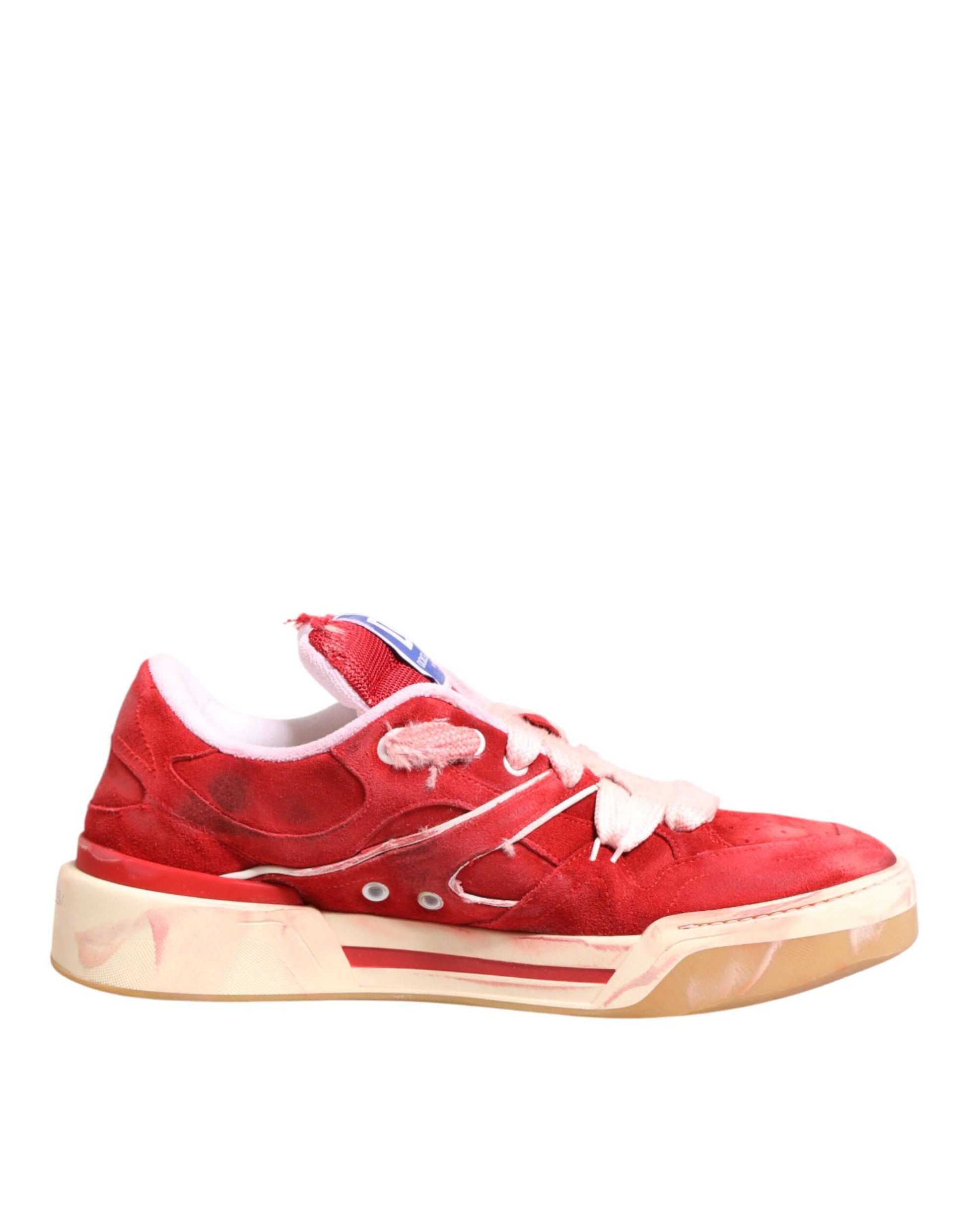 Red sneaker with white sole and laces