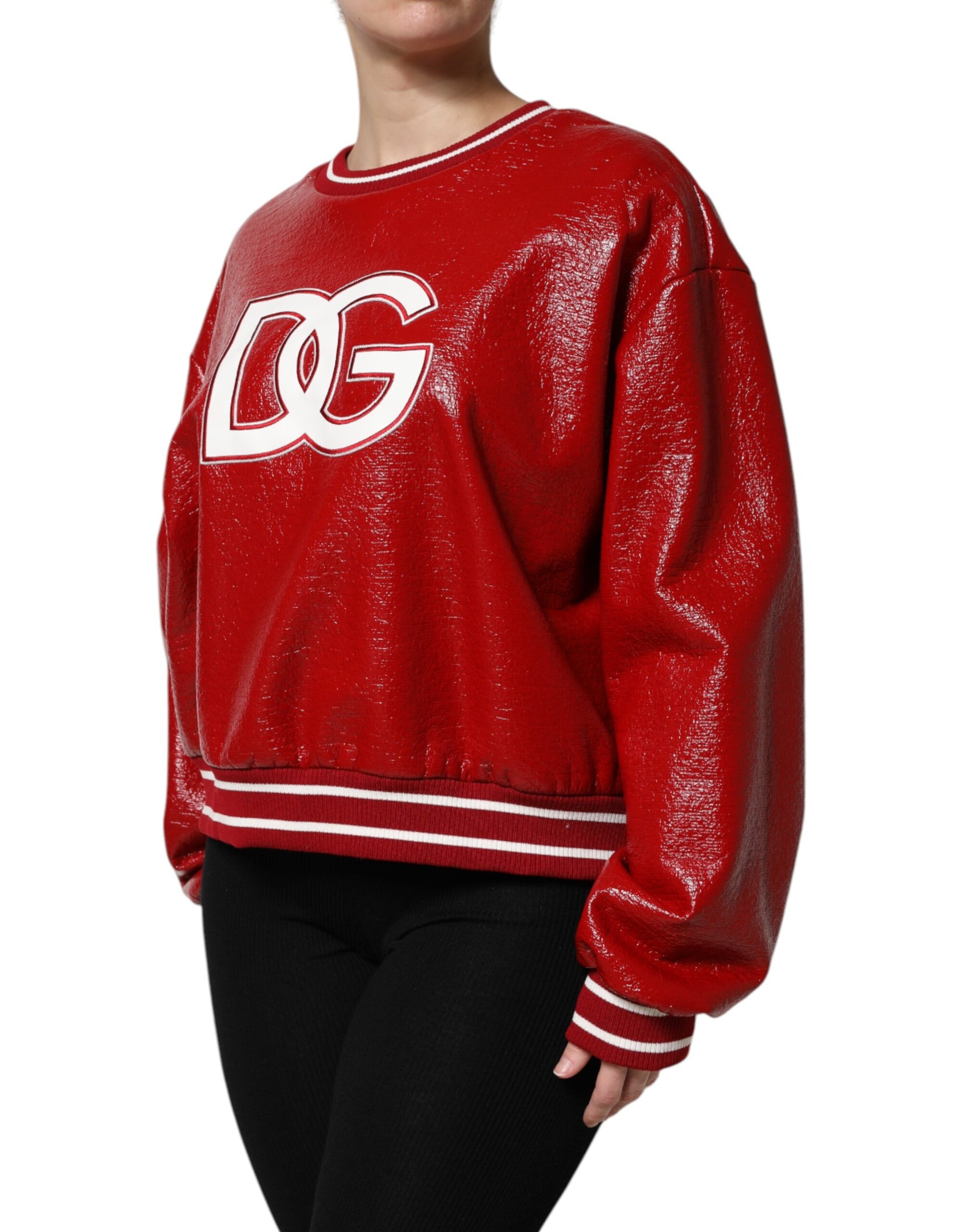 Red glittery sweater with white lettering