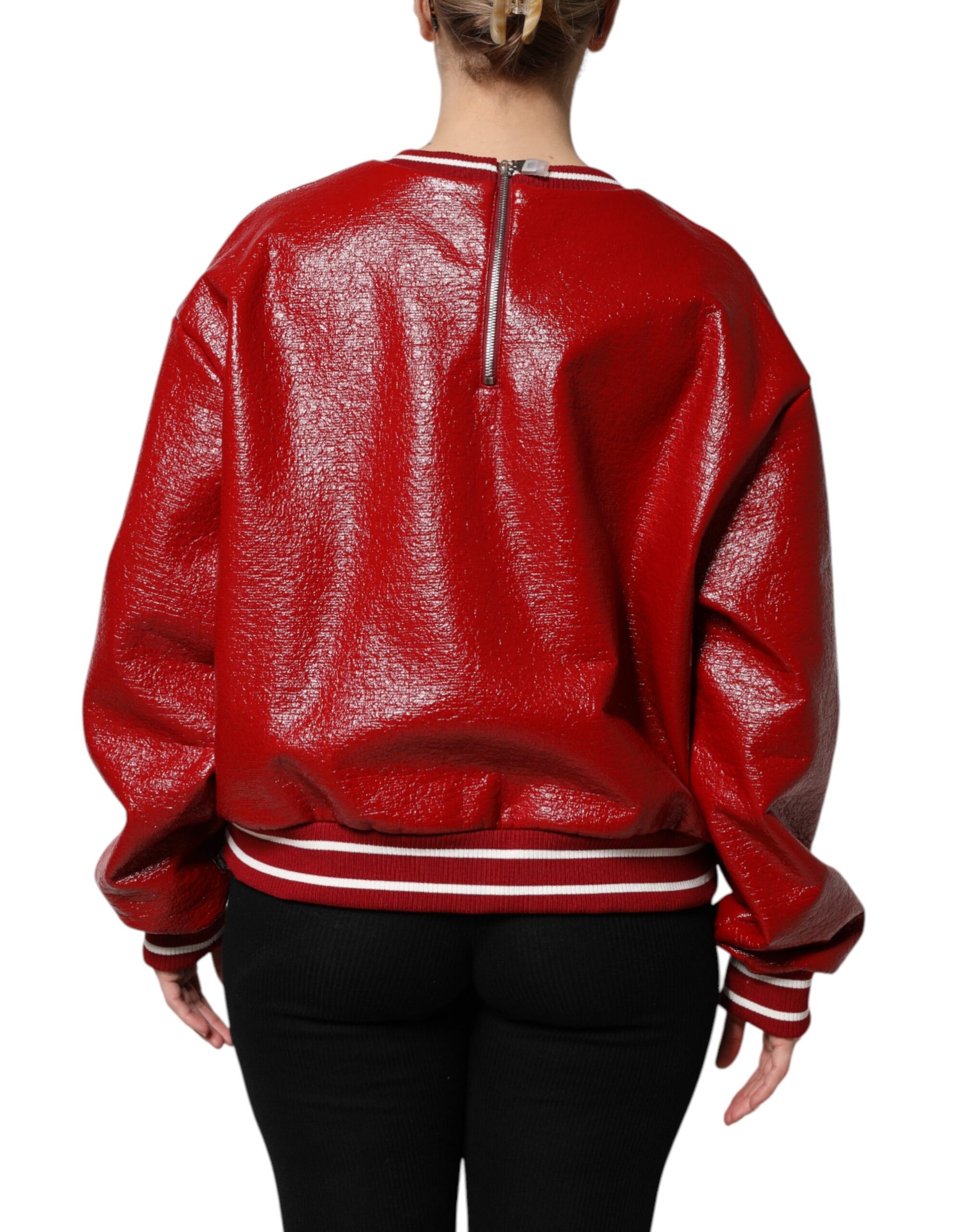 Red glittery jacket with white stripe on back