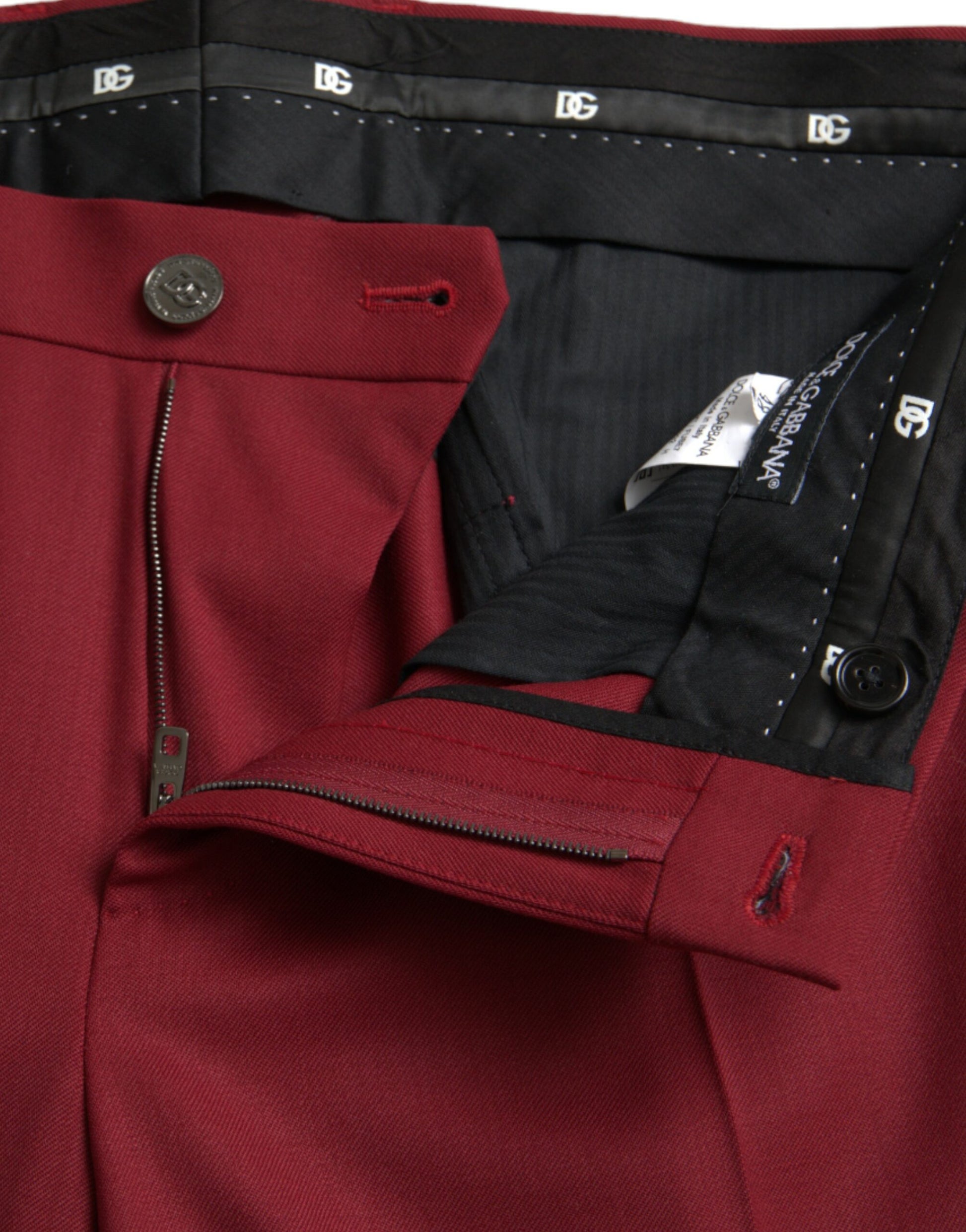 Red wool men's slim fit dress pants with zippered pockets and buttoned flap
