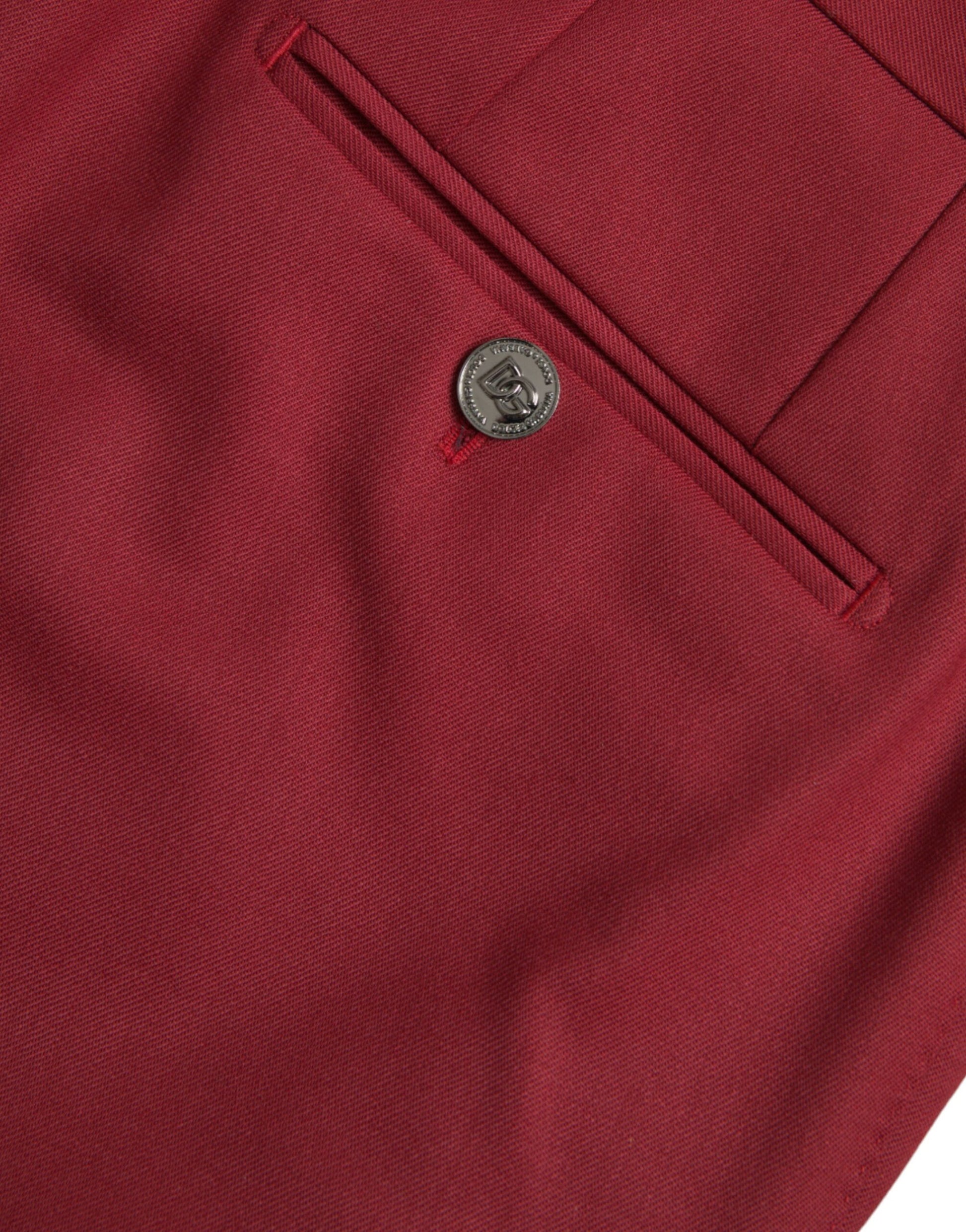 Red wool men's slim fit dress pants with a buttoned pocket on the left leg
