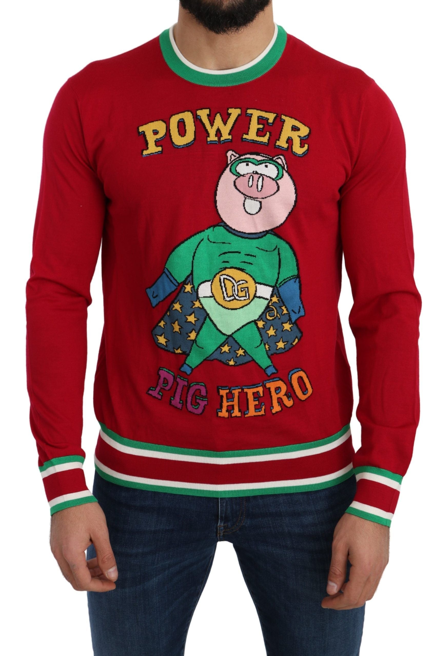 Red sweater with cartoon character on front