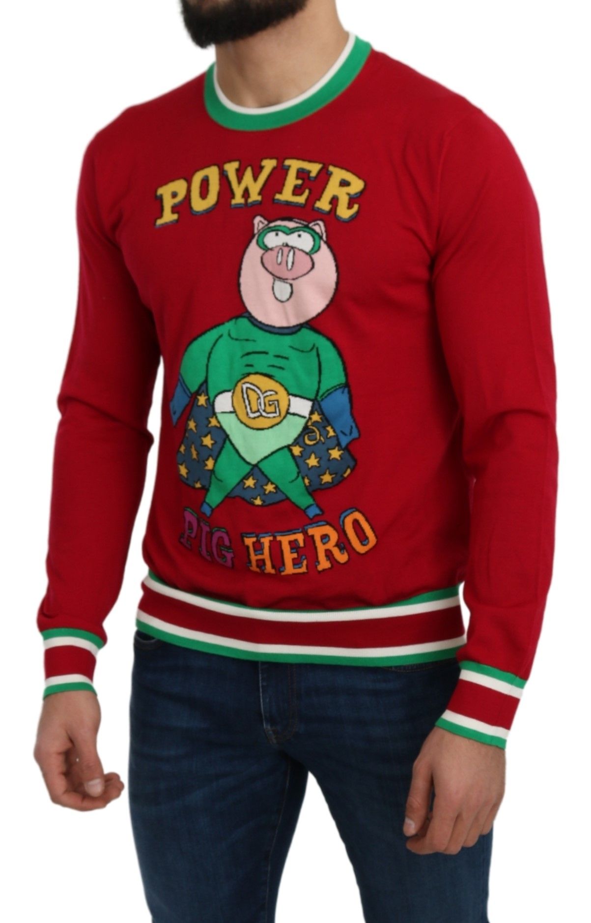 Man wearing a red sweater with cartoon character on front