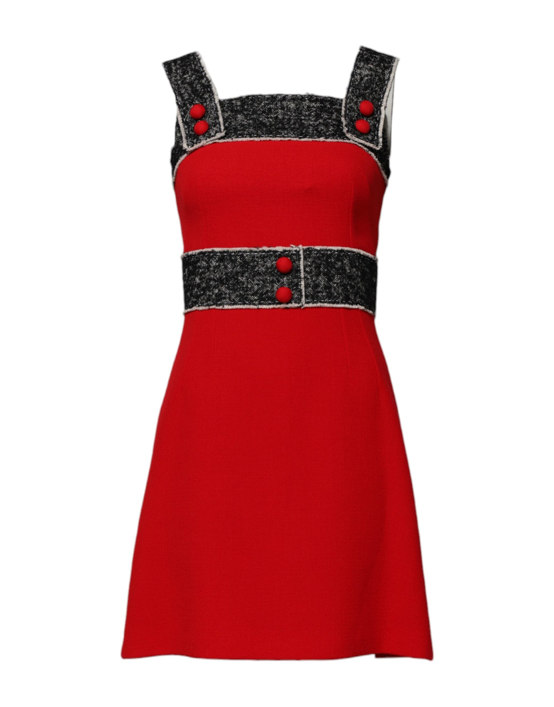 Red wool flared mini dress with black and red buttons, sleeveless, A-line style