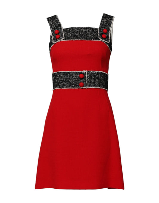 Red wool flared mini dress with black and red buttons, sleeveless, A-line style