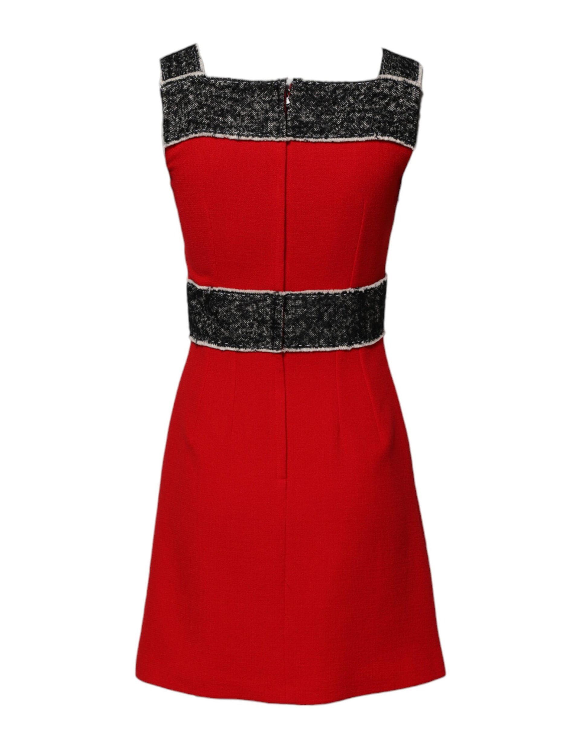 Red wool flared mini dress with black and white sequin trim