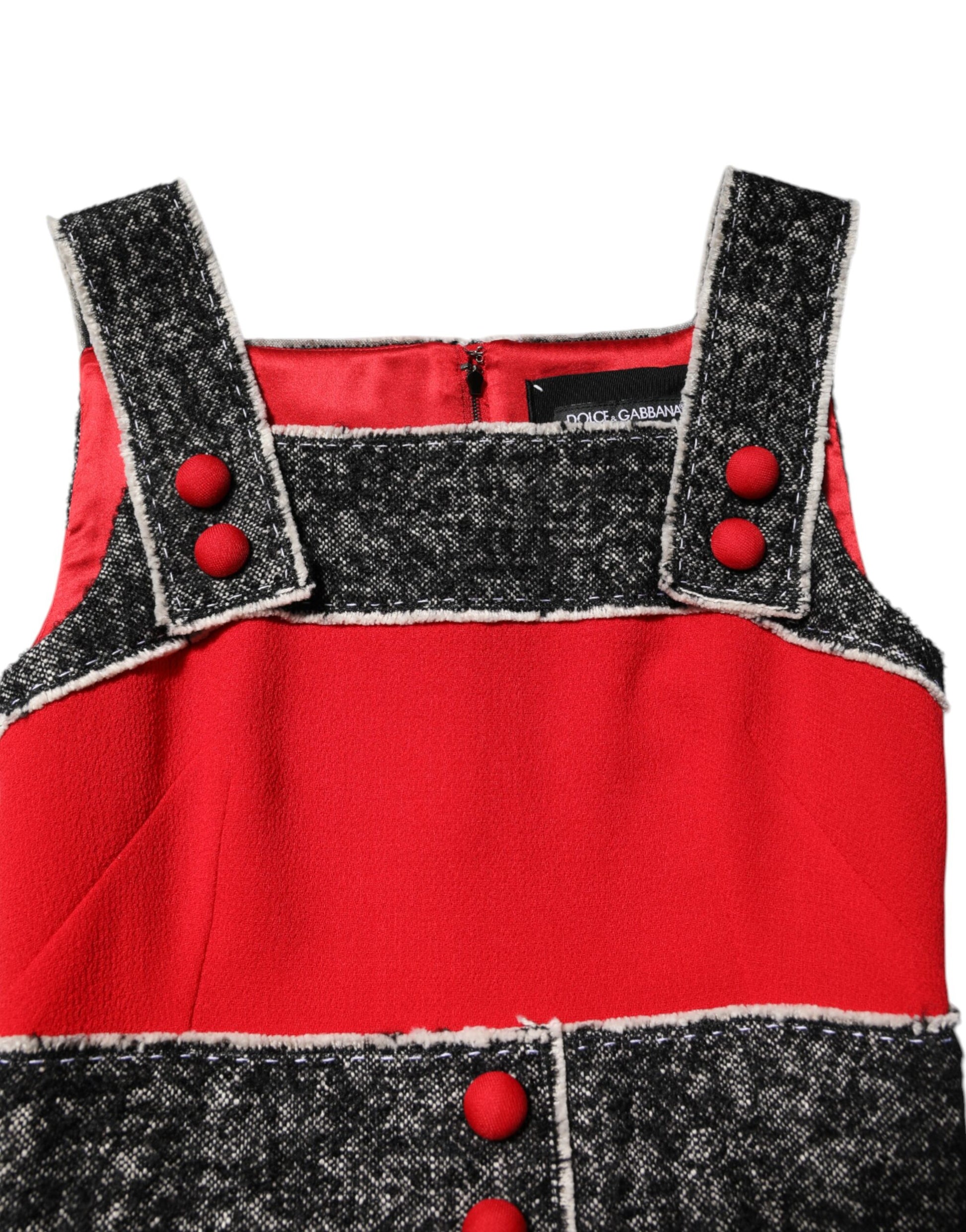 Red wool flared mini dress with black and white glittery pattern