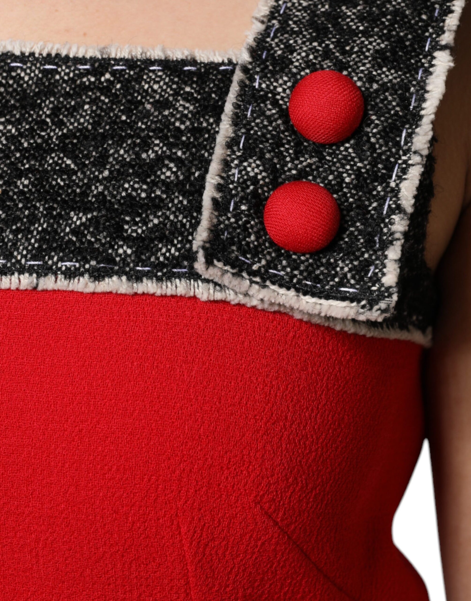 Red wool flared dress with black and red buttons, sleeveless, A-line style