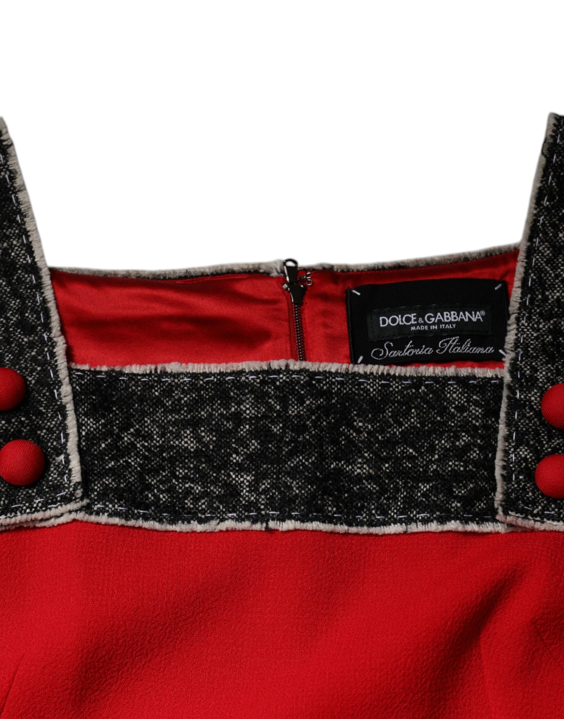 Red wool flared mini dress with black label, sleeveless, A-line style