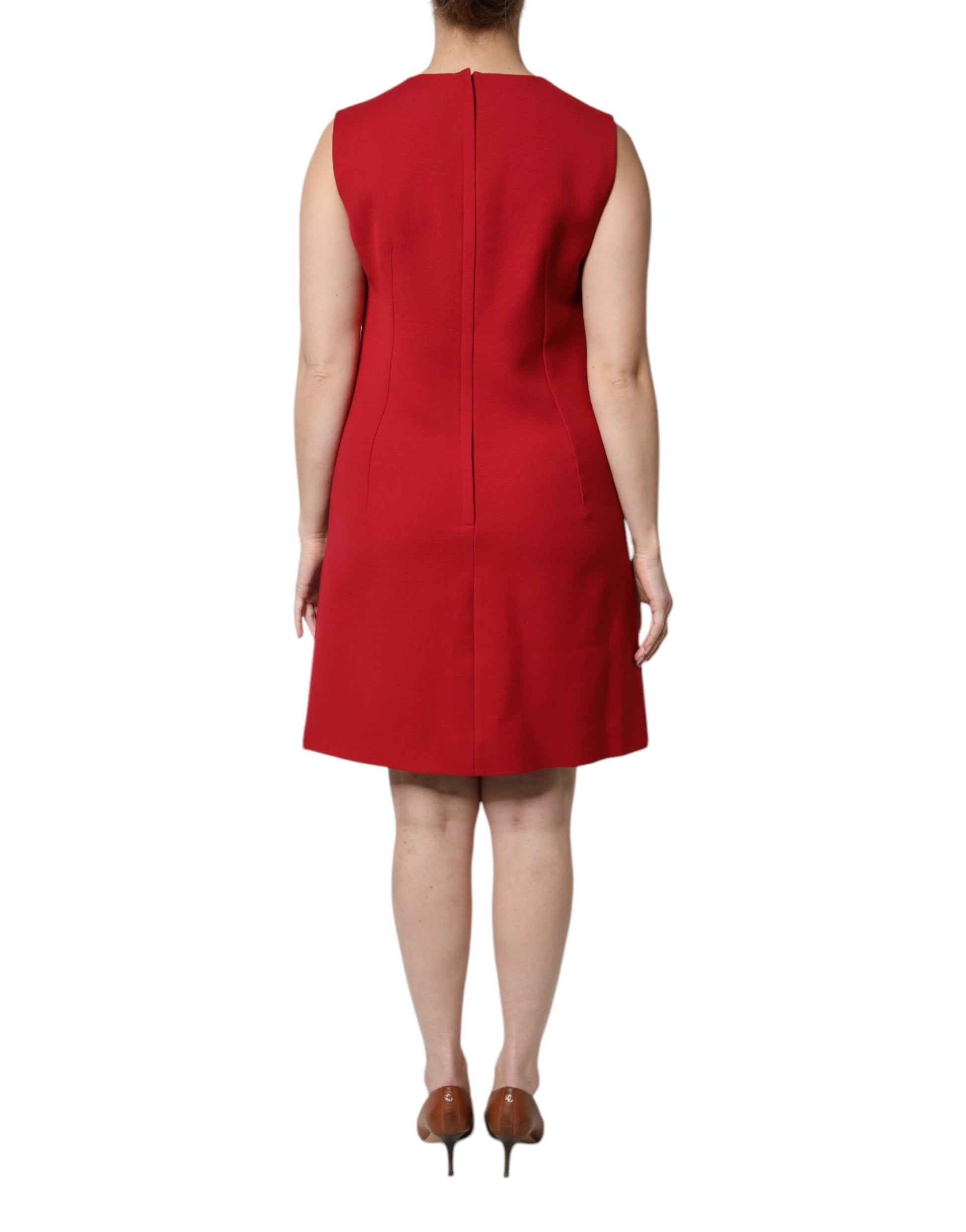 A red wool sleeveless knee length dress