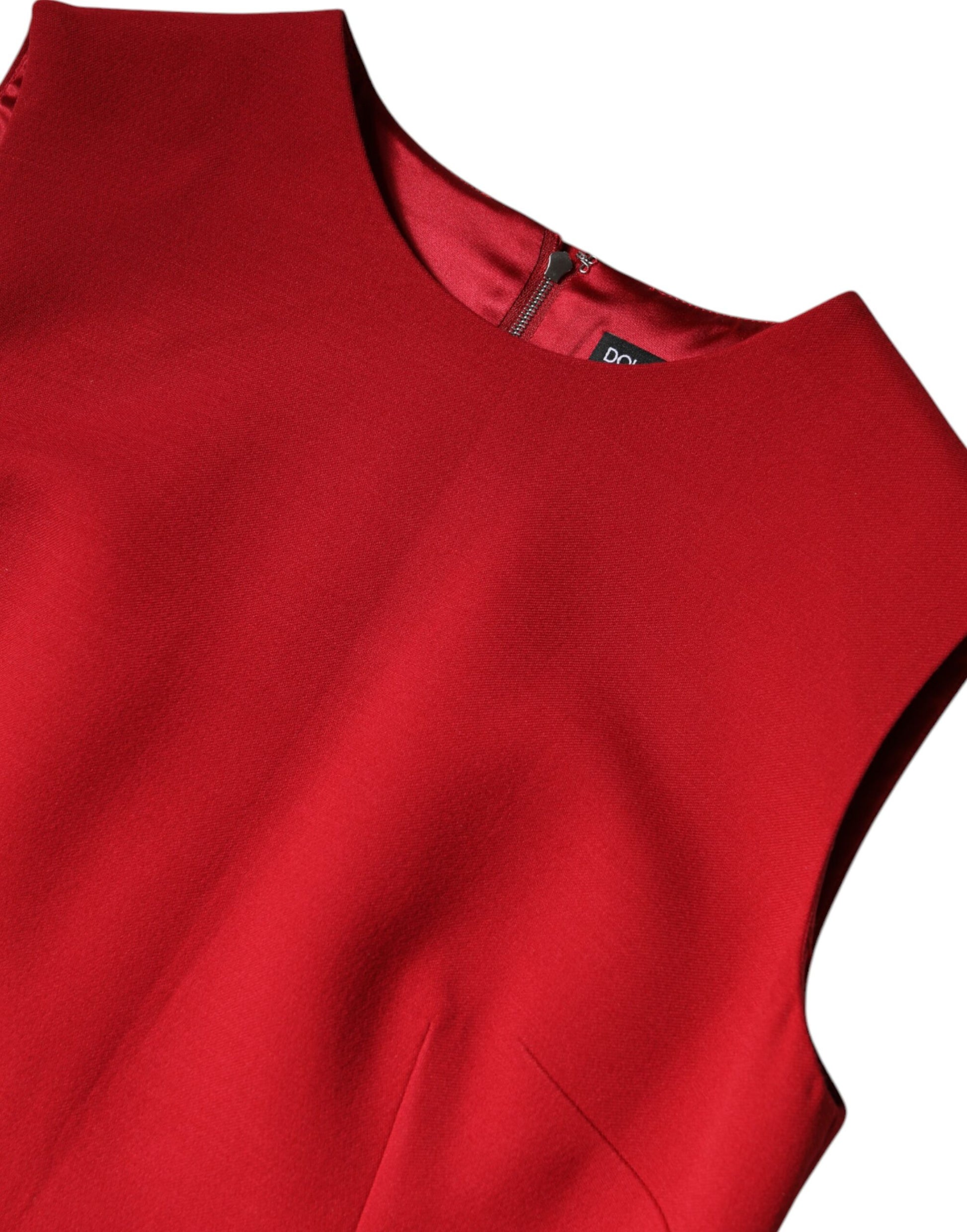 Red wool sleeveless dress with a V-neck and A-line silhouette