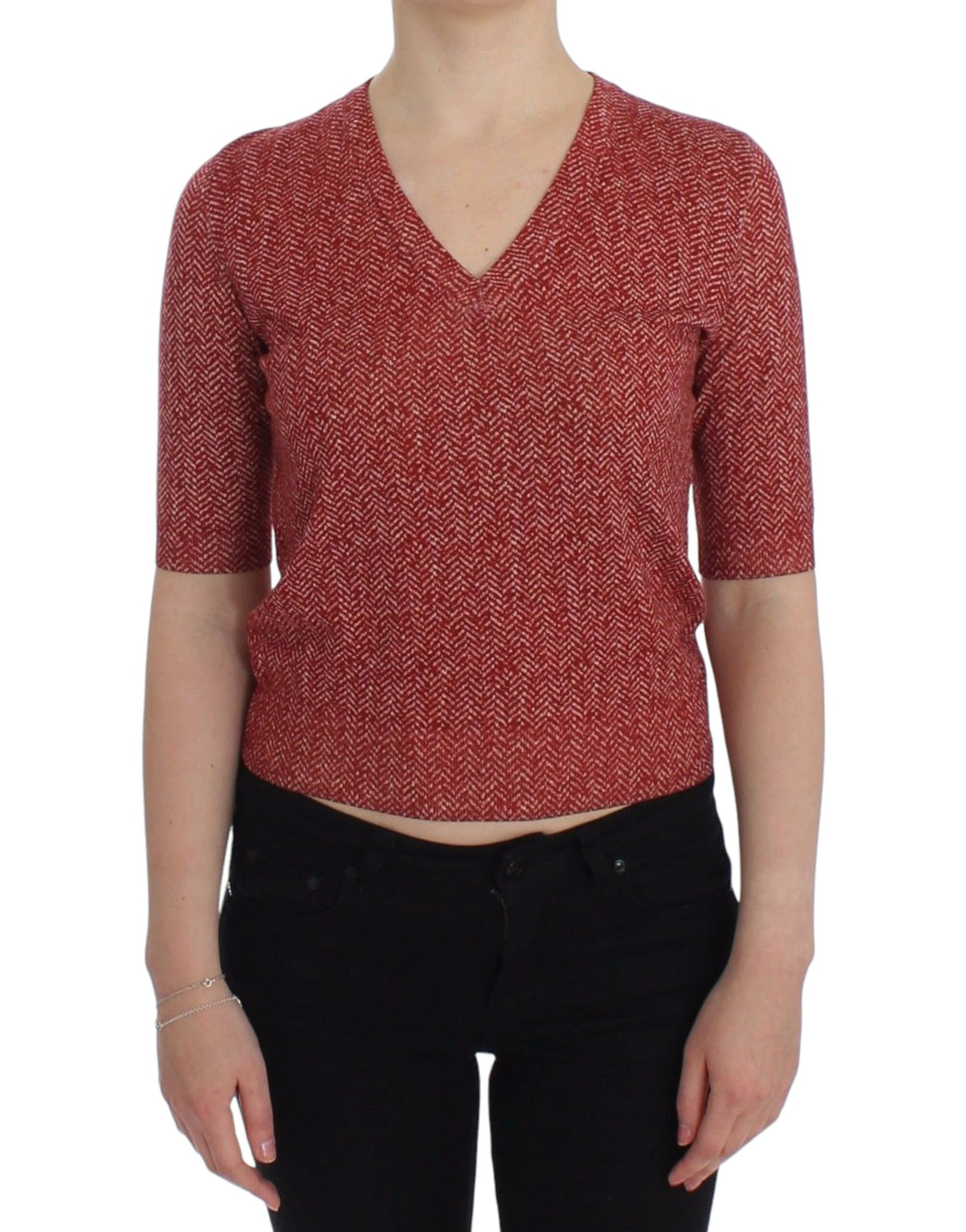 Woman wearing red sweater with V neckline