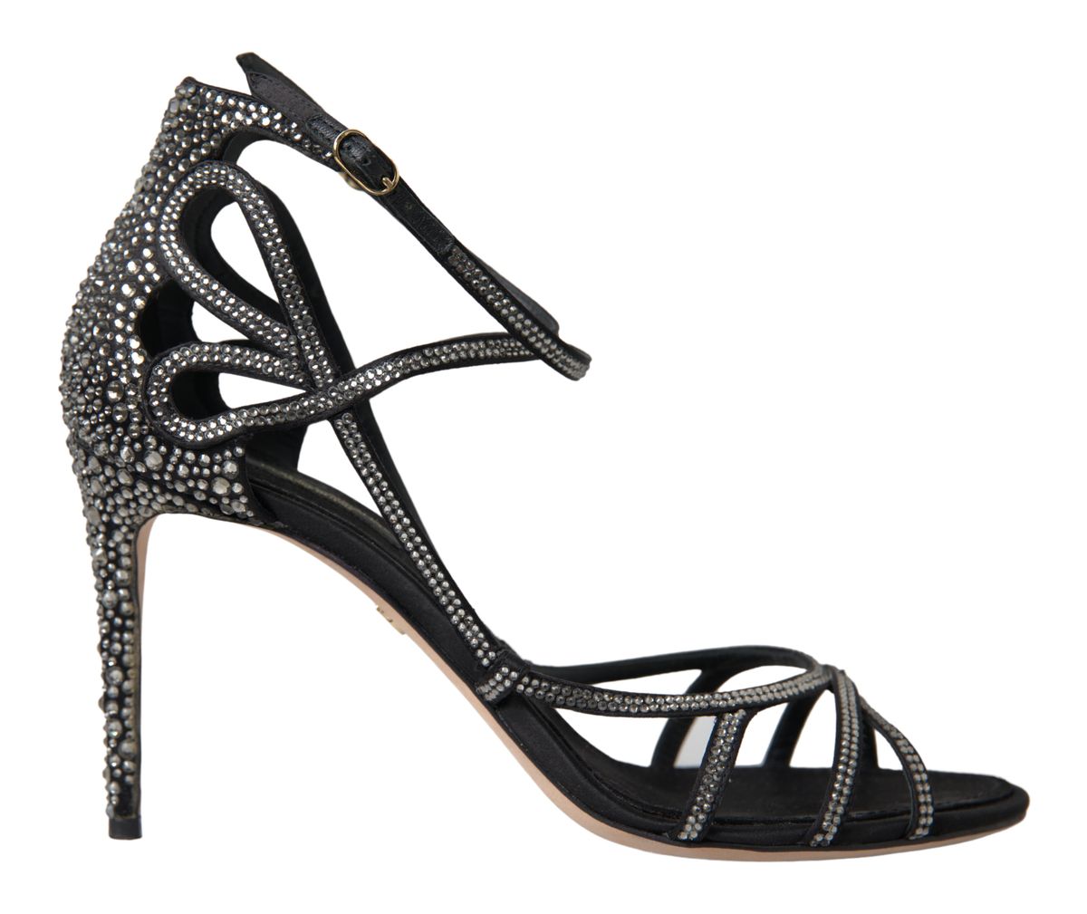 Black high heel shoe with embellishments and straps