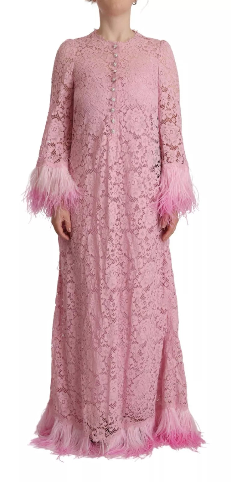 Pink lace dress with feathered sleeves, long sleeves, and a shift style