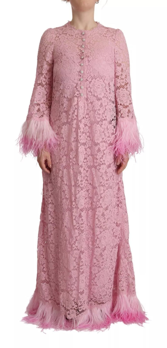 Pink lace dress with feathered sleeves, long sleeves, and a shift style