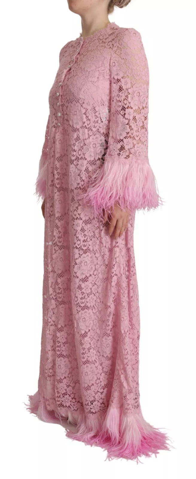 Pink lace dress with feathered sleeves, long sleeves, and a shift style