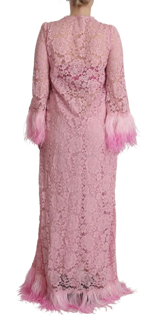 Pink lace dress with feather trim and long sleeves
