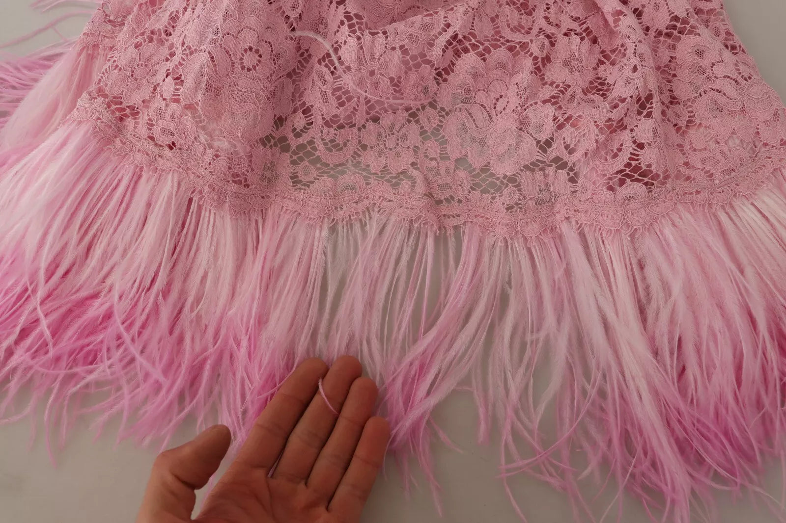 Pink lace feathered dress with long sleeves