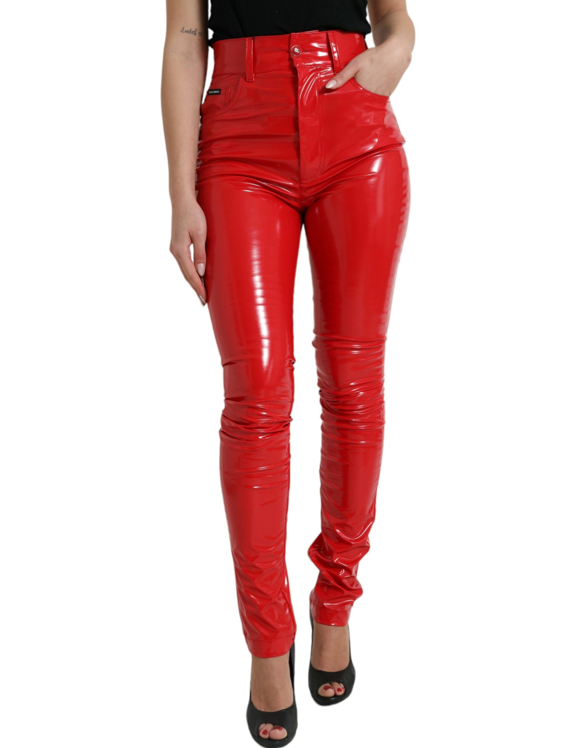 Red leather pants on a model