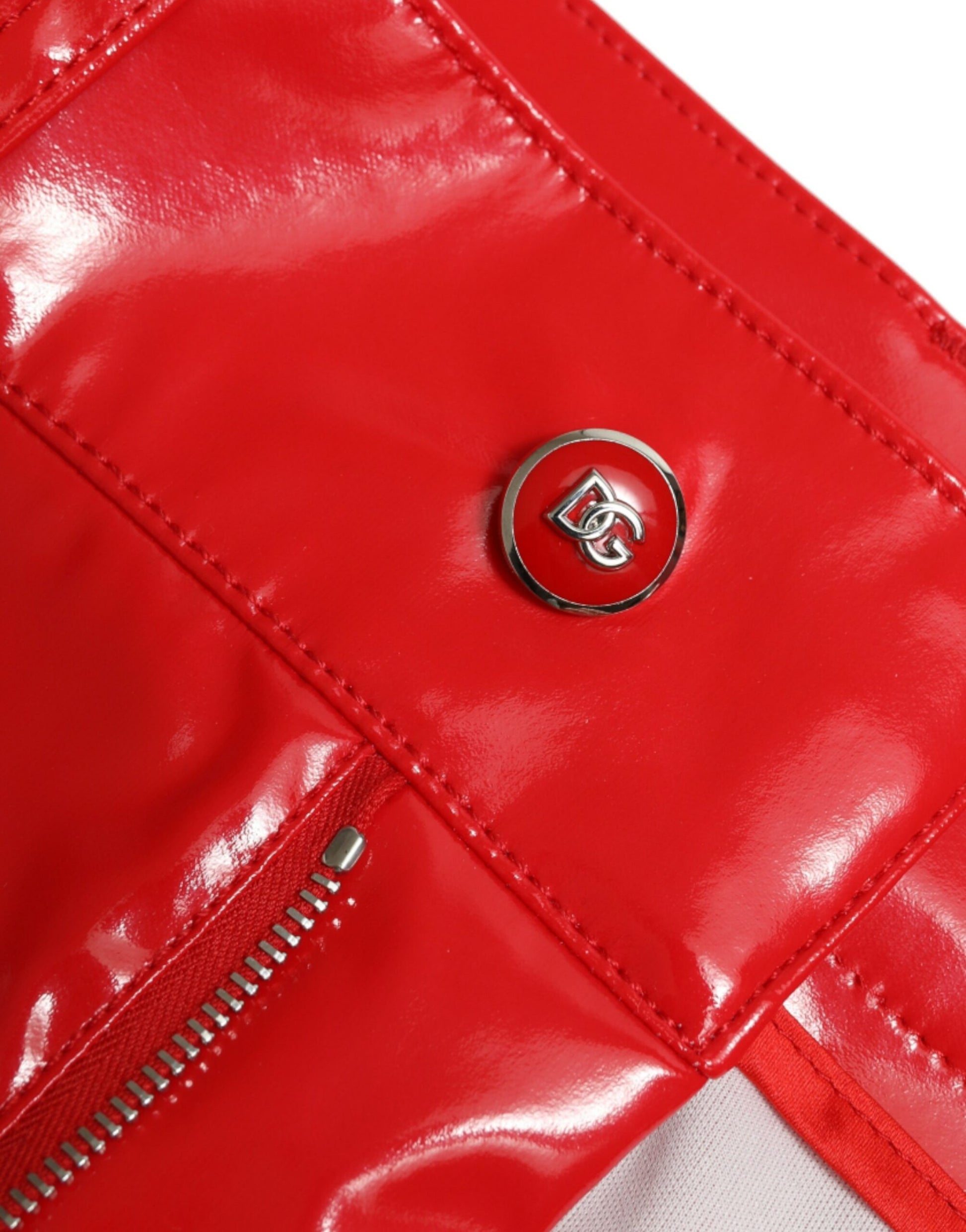 Red leather jacket with zipper and logo button