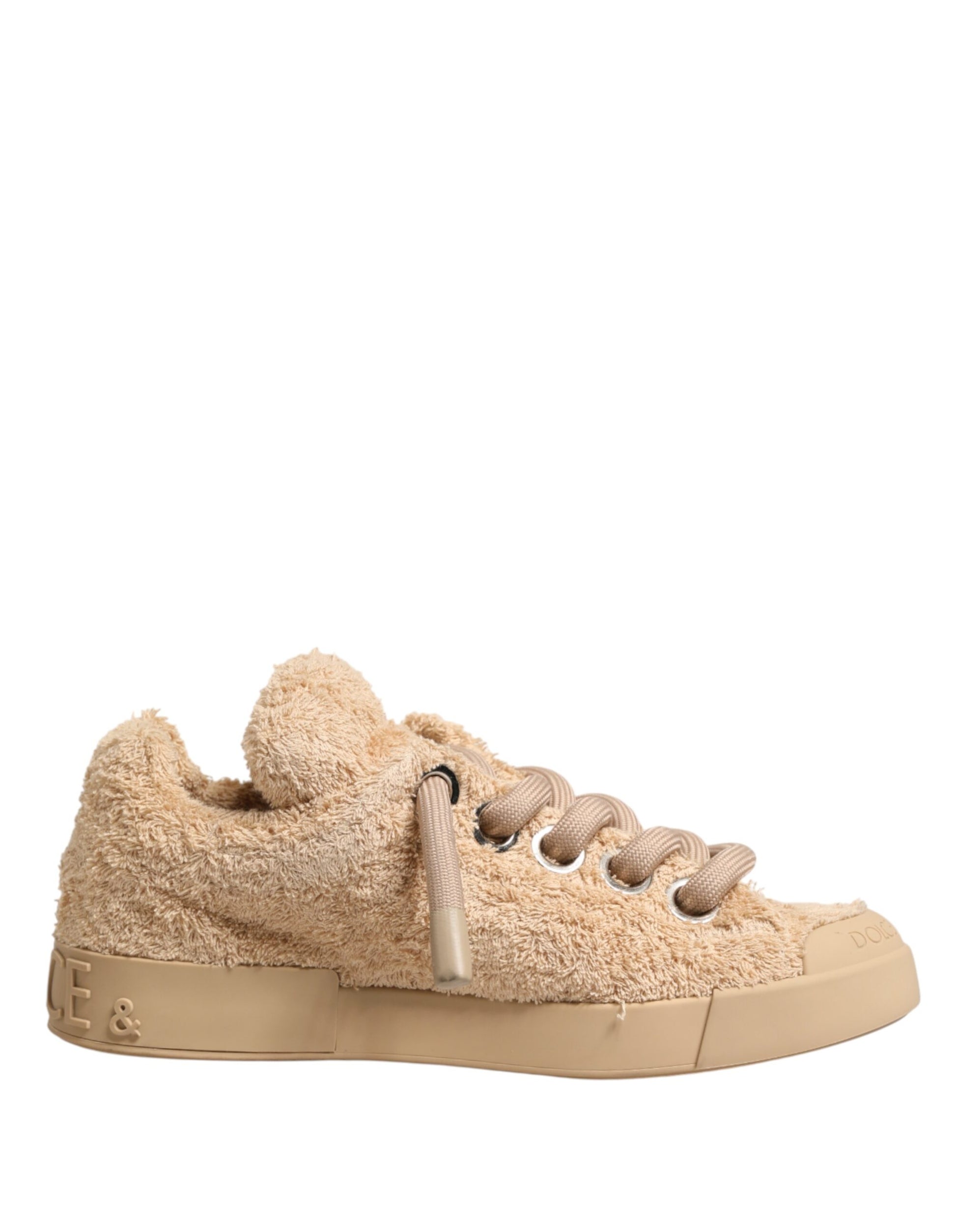 Tan faux shearling low top sneakers with laces and logo detail
